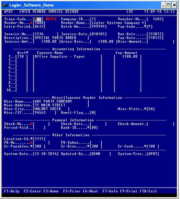Vendor Invoice Screen