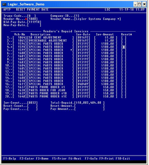 Reset Payment Date Screen