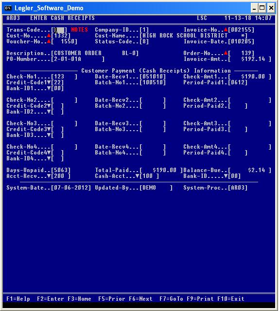Cash Receipts Screen