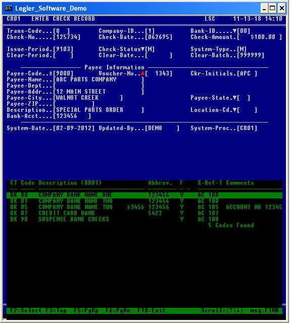 Check Entry Screen