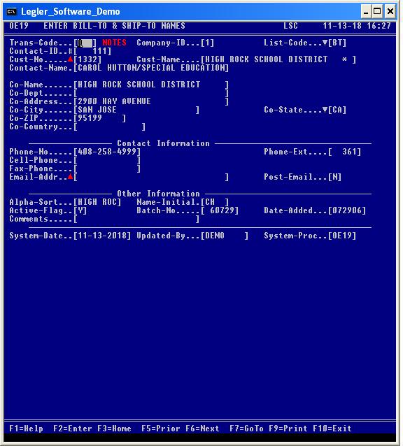 Bill-To Name Screen
