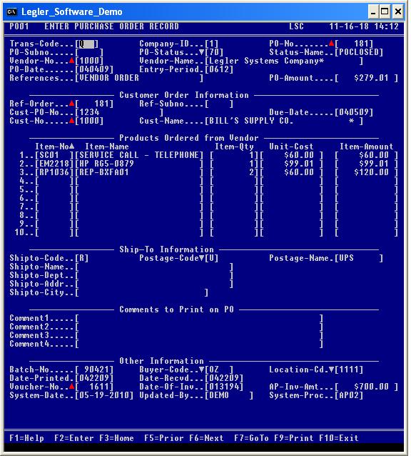 Purchase Order Screen
