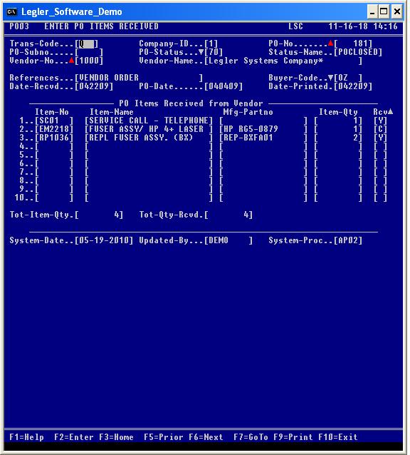 Items Received Screen